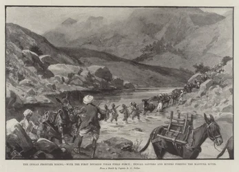 Der indische Grenzaufstand, mit der ersten Division der Tirah-Feldtruppe, Bengal Sappers und Miners durchqueren den Mastura-Fluss